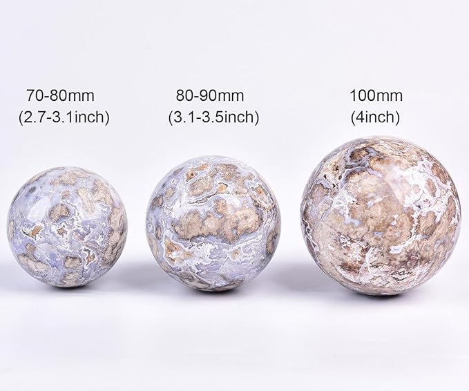 JIC Gem Large Blue Cherry Blossom Agate Crystal Ball with Stand Crystal Sphere Natural Sakura Flower Agate Stone Reiki Healing Meditation Witchcraft Home Decor 3.1-3.5 inch(80-90mm)