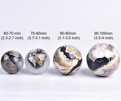 JIC Gem 3.1-3.5 inch(80-90mm) Large Volcanic Agate Crystal Sphere Quartz Crystal Ball with Stand Healing Ornament Witchcraft Meditation Decor