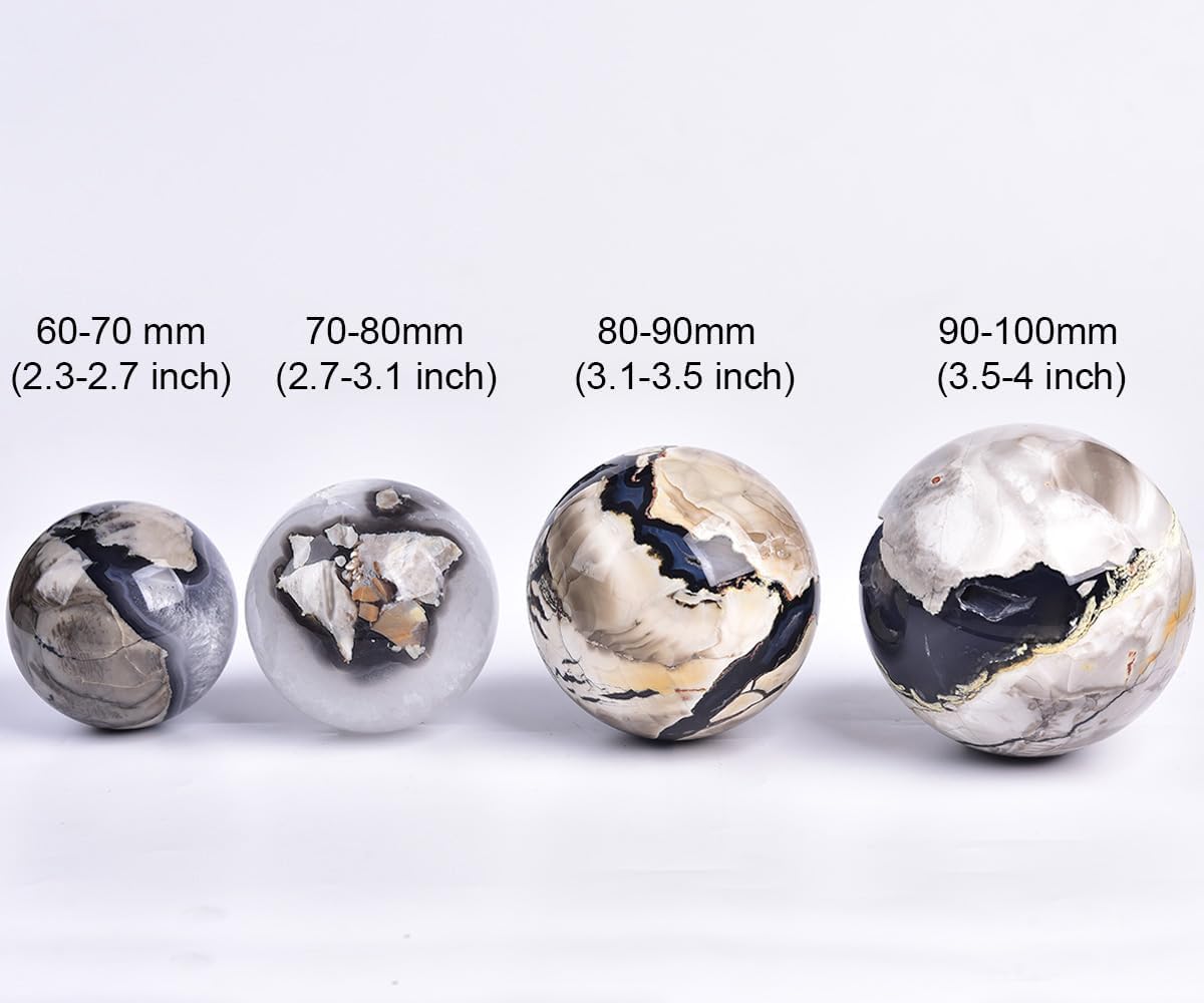 JIC Gem Volcanic Agate Crystal Sphere Large Quartz Crystal Ball with Stand Healing Ornament Witchcraft Meditation Decor 2.3-2.7 inch(60-70mm)