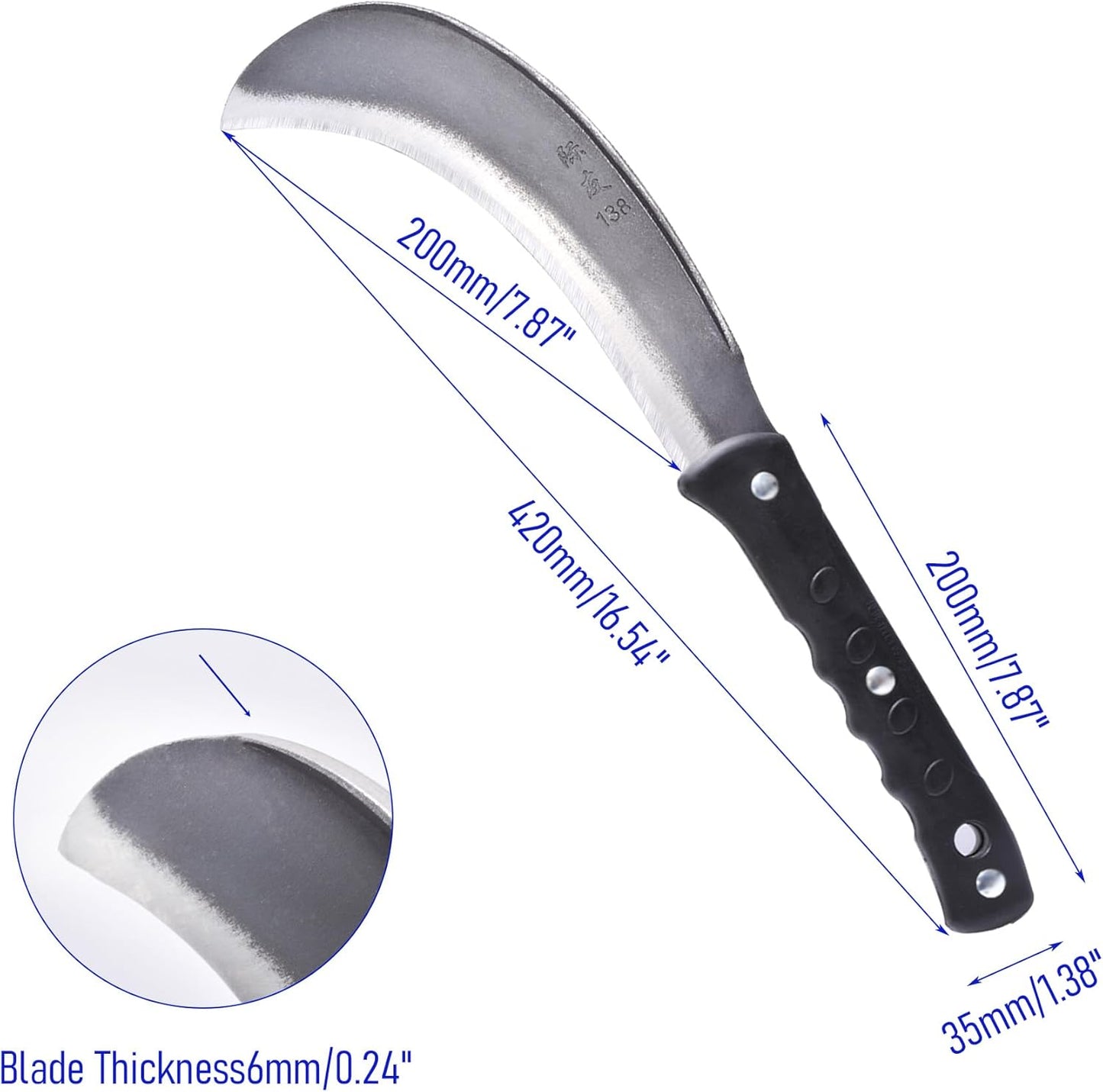 1pce 420mm/16.54in Manganese Steel Billhook Brush Clearing Sickle for Grass,Weeding Tools for Garden,Curved Sawtooth Sickle,Machete Axe for Cutting Trees,Steel Blade Knife in Hand