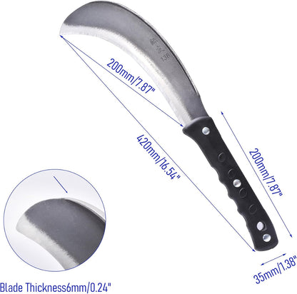 1pce 420mm/16.54in Manganese Steel Billhook Brush Clearing Sickle for Grass,Weeding Tools for Garden,Curved Sawtooth Sickle,Machete Axe for Cutting Trees,Steel Blade Knife in Hand