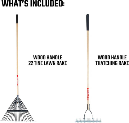 CRAFTSMAN 2-Piece Raking Set with Lawn & Thatching Rakes, Wood Handles with Cushion Grips, for Leaves, Dethatching, Dead Grass, Cultivating