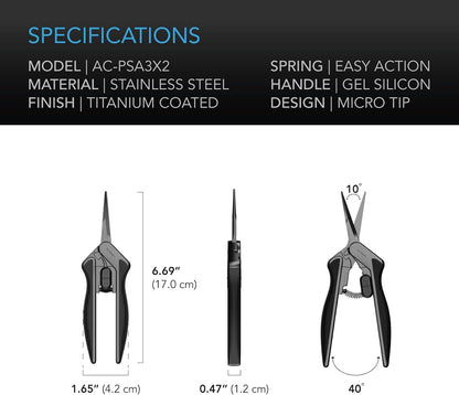 AC Infinity 6.6” Stainless Steel Pruning Shear 2-Pack, Lightweight Ergonomic Design, Straight Precision Blades with Nonstick Titanium Coating for Gardening, Hydroponics, Grow Tents