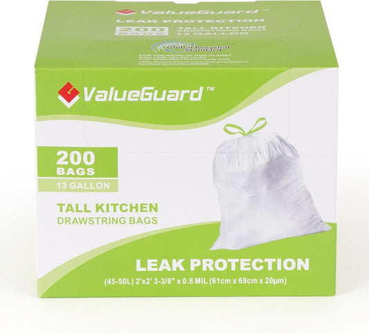 Large Trash Bag 13 Gallon Tall Drawstring 100% Post-Consumer Recycled Garbage Bag Waste Bag for