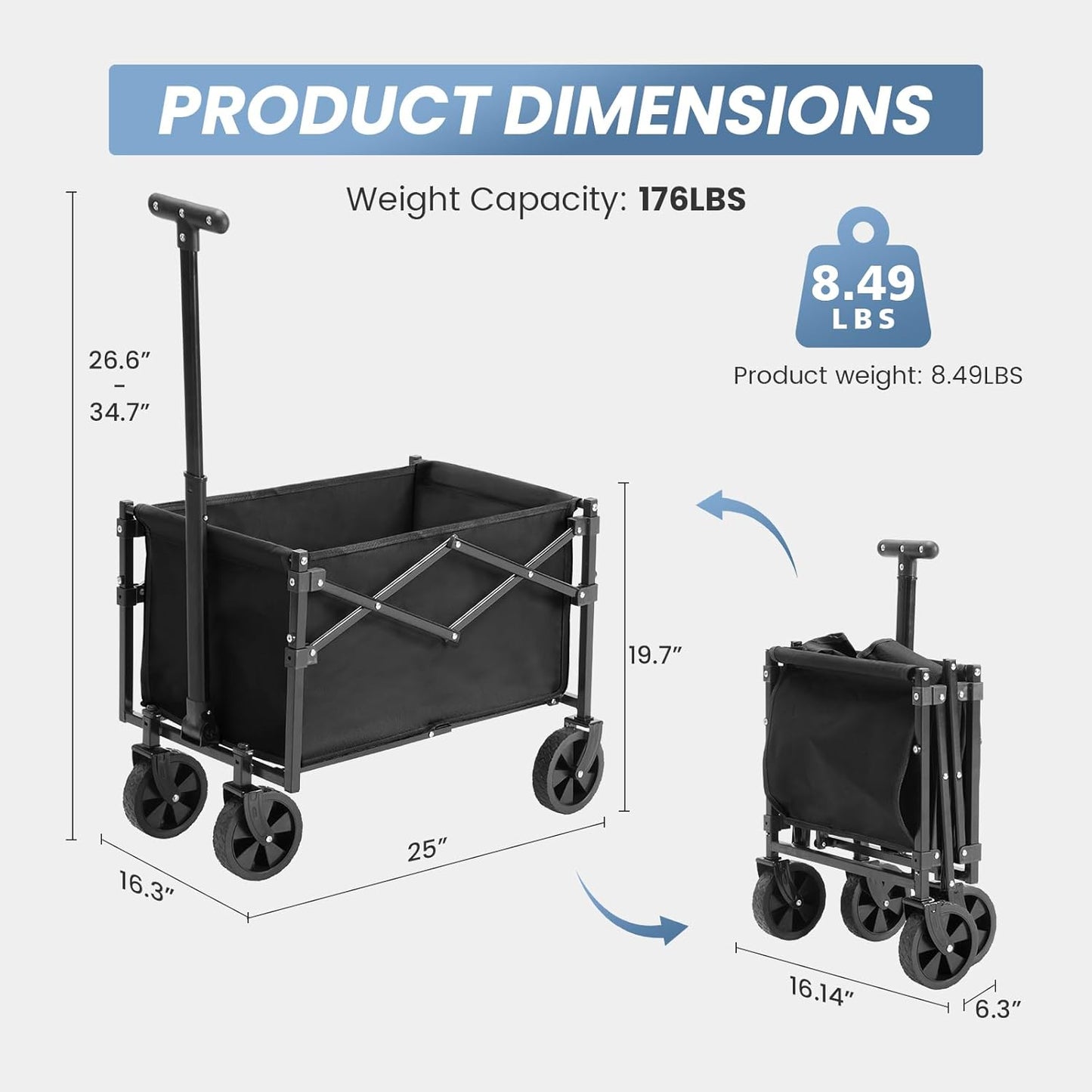 DUMOS Collapsible Wagon with Wheels, 176 lbs Wagons Carts Foldable Wagon Cart with Flexible Handle, Lightweight Portable Folding Utility Grocery Shopping Cart for Grocery Sports Garden Camping