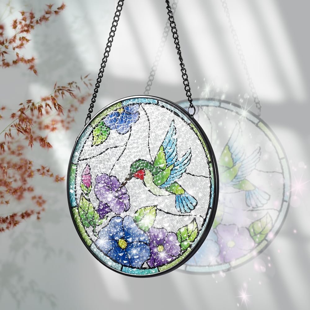 Vindar Hummingbird Suncatcher - Stained Glass Window Hanging, 6 Inch Hand Painted Double Sided Glass Panel, Hummingbird Decor Gift for Mom, Bird Lover