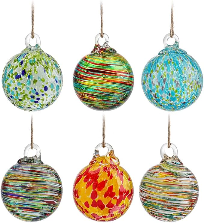6 Pcs Blown Glass Ornaments Balls, 2.3inch Hand Blown Glass Christmas Ornaments for Tree, Hanging Gazing Ball Friendship Ball Witch Balls for Window Garden Home Decor for Women