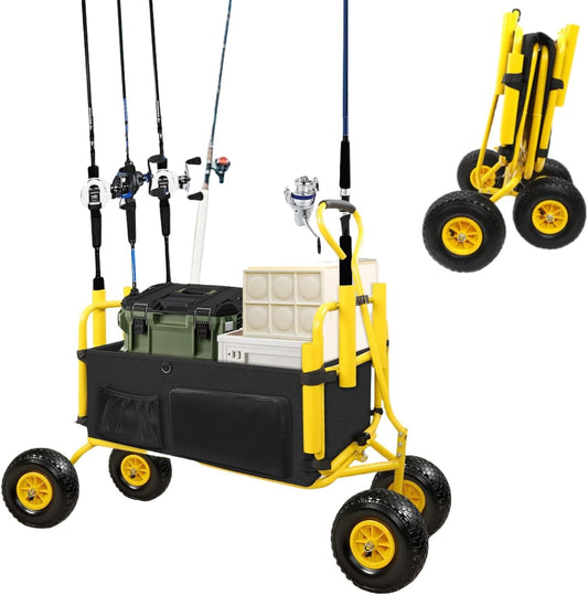 Fishing Cart,Beach Wagon Trolley Cart with 11'' All-Terrain Wheels for Sand,Heavy Duty Garden Cart with Rod Holders,Umbrella Holder and Durable Collapsible Wagon