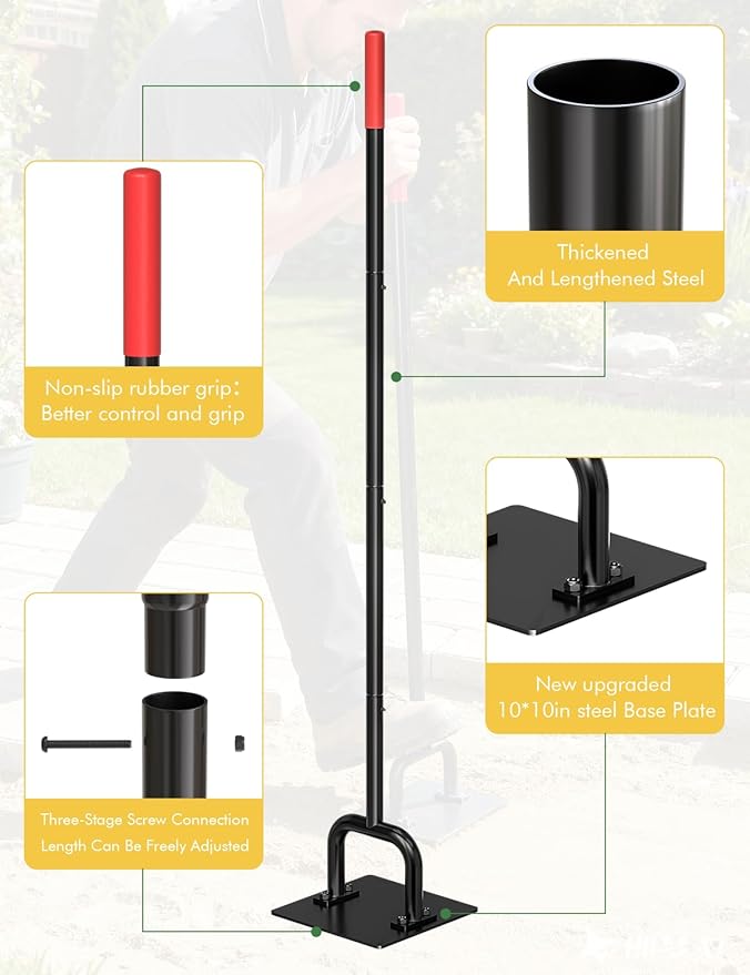 Heavy Duty 10"x10" Steel Tamper Tool with 57" Long Handle and Rubber Grip, Hand Compactor Tool for Soil, Gravel, Asphalt, Driveway, Sidewalk and Paver Base Leveling