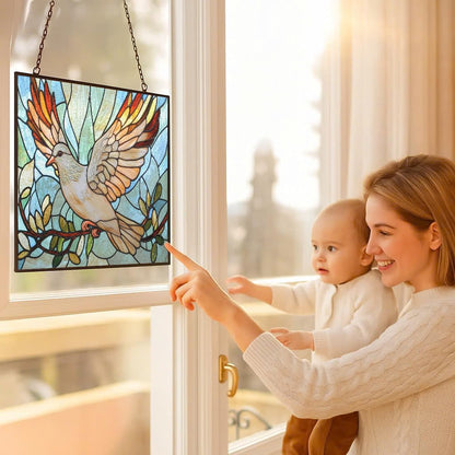 Rectangle Art Nouveau Dove and Olive Suncatchers for Windows, Stained Glass Window Hangings,Hand-Painted Glass Panel Perfect for Home Décor