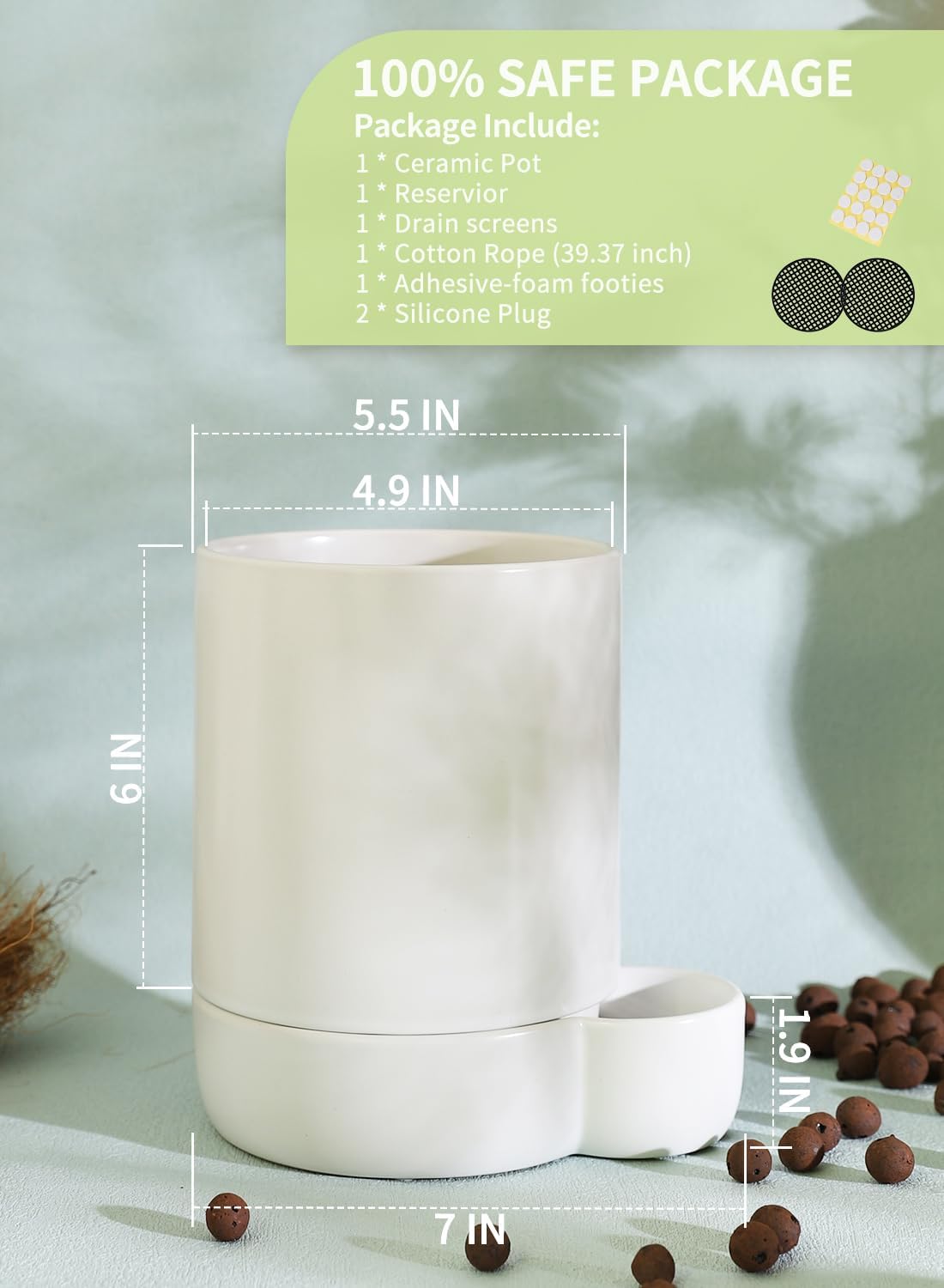 5.5 Inch Ceramic Self Watering Planters with Absorbent Cotton Rope, Cylinder Round Flower Pot for Succulent, Herbs, African Violets, White, 1 Pack
