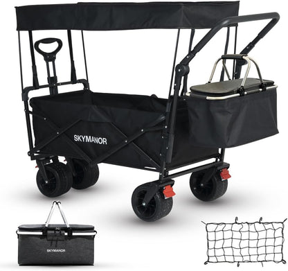 SKYMANOR Collapsible Wagon with Removable Canopy, 3-in-1 Heavy Duty Garden Cart with Big All-Terrain Wheels, Brakes, Adjustable Push Pull Handle, Cooler Bag, 300LBS Wagon Cart for Camping (Black)
