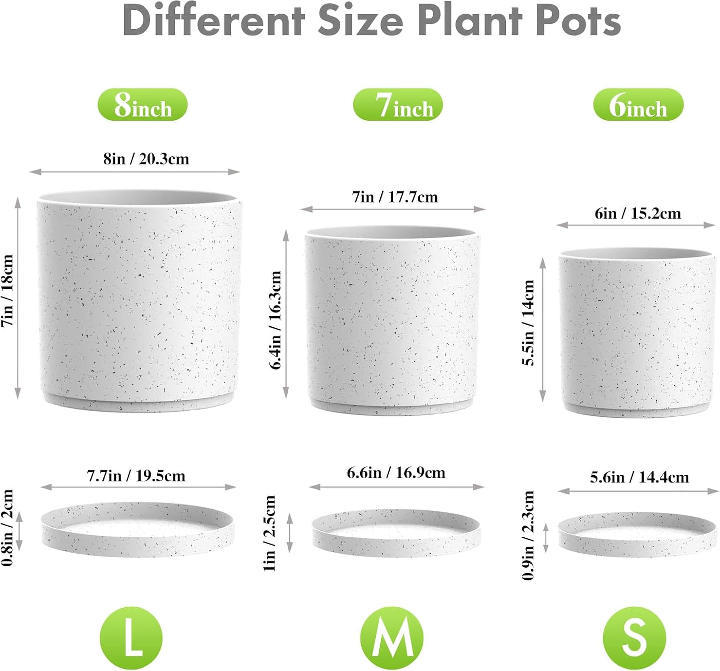 8/7/6 inch Flower Pots, 3 Set Cylindrical Plant Pots for Outdoor Indoor Plants, Decorative Plastic Planters with Drainage Holes and Saucers for Garden House Plants, White with Black Speckles