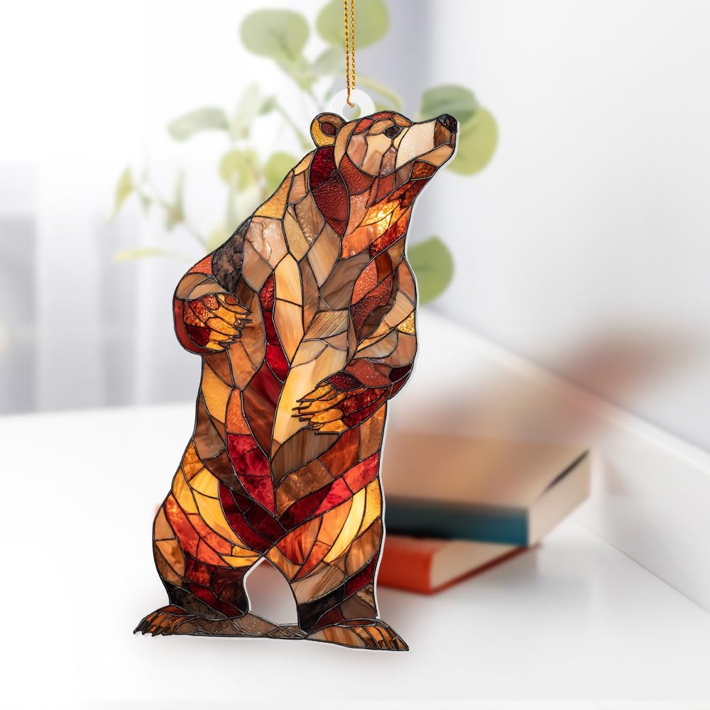 Stained Glass Acrylic Bear Ornament 2025 – Handcrafted Wildlife Christmas Tree Decoration, Rustic Lodge Cabin Décor, Window Hanging Suncatcher Gift for Nature & Animal Lovers (Sun-02)