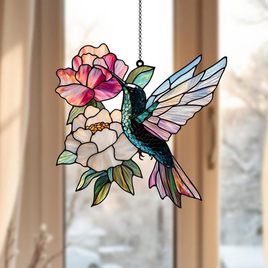 Hummingbird and Peony Acrylic Suncatcher Stained Glass Effect Window Car Hanging Christmas Ornament