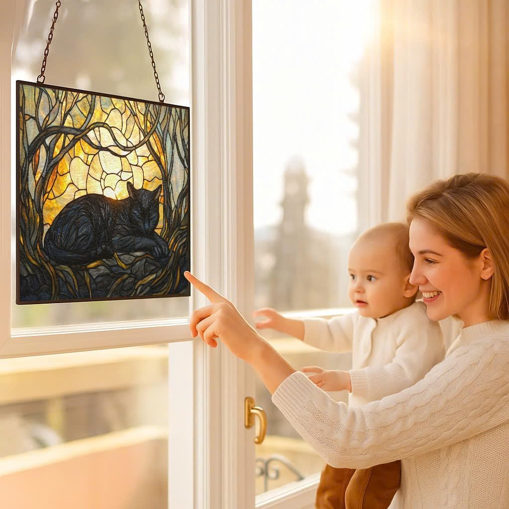 Rectangle Art Nouveau Black Cat Sunbeam Stained Glass Window Hanging Customized Suncatcher Glass Panel with Metal Chain Sun Catchers Wall Art Home Decor Gift for Women Mother's Day