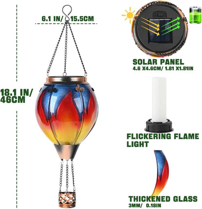 Hot Air Balloon Solar Lantern - Simulated Flickering & Dancing Flame Glass Lantern , Outdoor Hanging Yard Light Waterproof IP65 for Garden Patio Lawn Porch Decor Gift