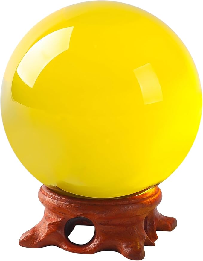Yellow Small Crystal Ball 60mm/2.3 nch with Rose Wooden Stand and Gift Box for lensball Photography,Fortune Teller,Feng Shui, Witchcraft Decor,Scrying,Magic,Crystal Orb Prop Decorative Glass Sphere