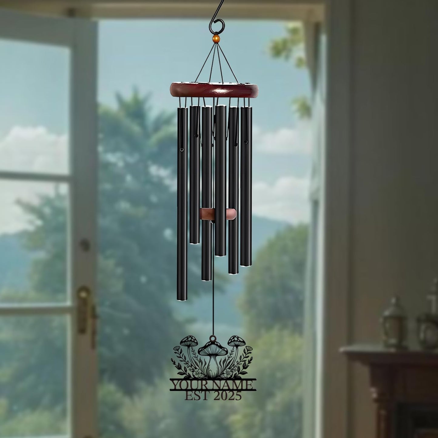 Personalized Customize Name Fantasy Mushroom Wonderland Wind Chime, Metal Iron 37 Inch Outdoor Memorial Gift for Garden Yard Patio Home Decor, Black (Style A)