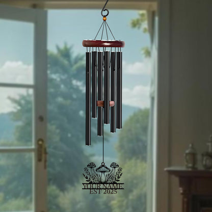 Personalized Customize Name Fantasy Mushroom Wonderland Wind Chime, Metal Iron 37 Inch Outdoor Memorial Gift for Garden Yard Patio Home Decor, Black (Style A)