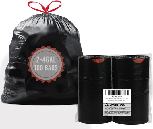 2-4 Gallon Trash Bags Drawstring, 100 Count Bulk, Black & Unscented Small Multi-purpose Garbage