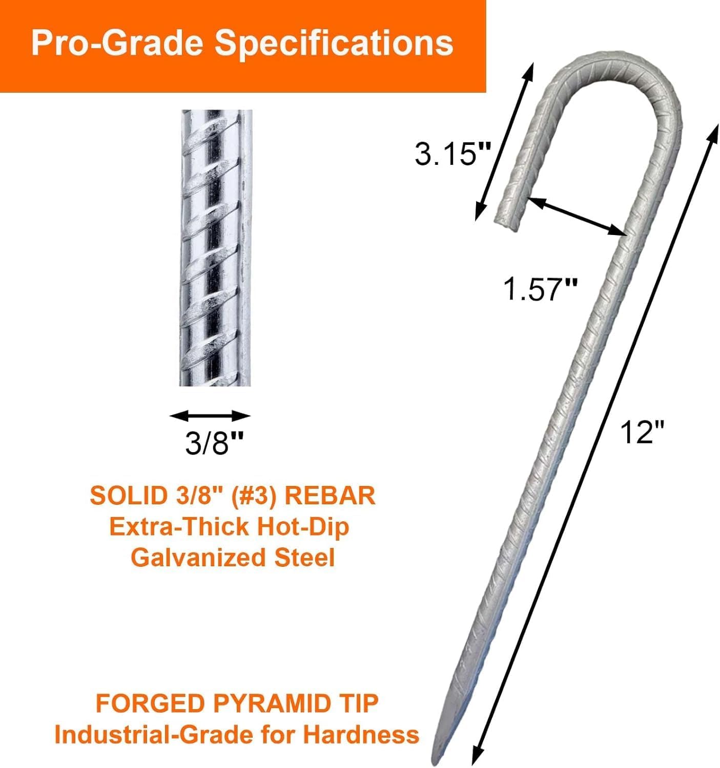Heavy Duty Rebar Stakes 12-Pack 12-Inch - Hot-Dip Galvanized J-Hook Ground Anchors for High Winds, Trampoline, Fencing, Landscape Fabric - Forged Tip for Rocky & Hard Soil