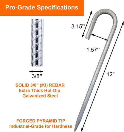 Heavy Duty Rebar Stakes 12-Pack 12-Inch - Hot-Dip Galvanized J-Hook Ground Anchors for High Winds, Trampoline, Fencing, Landscape Fabric - Forged Tip for Rocky & Hard Soil