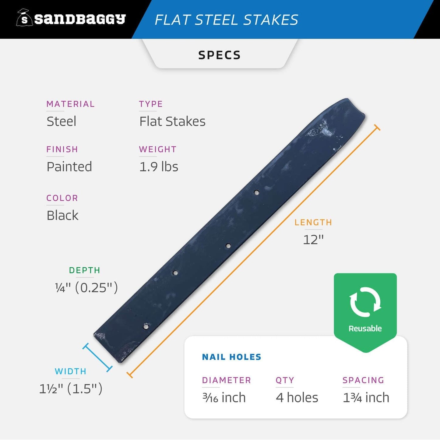 Sandbaggy Flat Steel Stakes for Concrete Forms with Nail Holes - 1.5" Wide - Painted - Removable, Reusable, V Point End - Construction Grade Stakes (5, 12 inch)