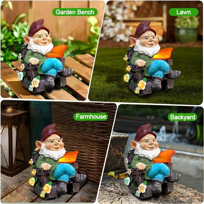 Solar Garden Gnome Statues Outdoor, Fairy Halloween Rocking Chair Gnomes Reading Book Succulents Figurines Lights Yard Art Sculpture Home Decor for Outside Patio Balcony Lawn, Unique Loved One Gifts