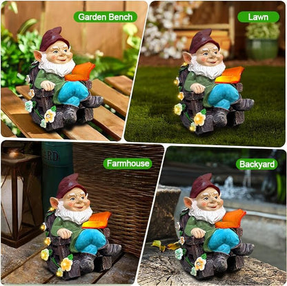 Solar Garden Gnome Statues Outdoor, Fairy Halloween Rocking Chair Gnomes Reading Book Succulents Figurines Lights Yard Art Sculpture Home Decor for Outside Patio Balcony Lawn, Unique Loved One Gifts