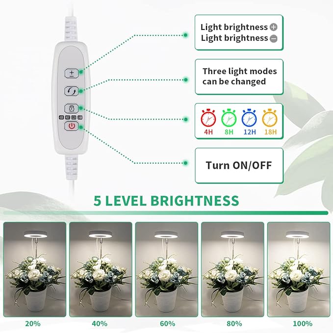 2 Pack Halo Plant Grow Light, 6000K White LED Full Spectrum Growing Lamp for Indoor Plants, Succulents, Mini Bonsai, Small Plants, Height Adjustable, Dimmable & Timer 4/8/12/18Hrs