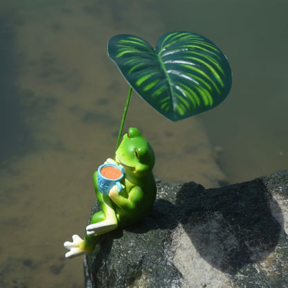 OwMell Frog Statue for Garden, Green Frog Figurine for Outdoor Decor Yard and Garden Decoration Resin Sculpture 6 Inches - Coffee & Leaf