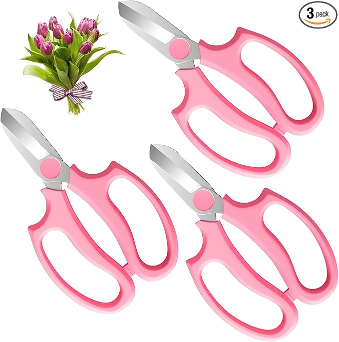 Housolution Flower Scissors, Strong Floral Shears,3PCS Premium Steel Garden Pruning Shears Floral Fruits Leaf Scissors Hand Pruner Snip Trimming Tool for Gardening Flower Arrangement, Pink