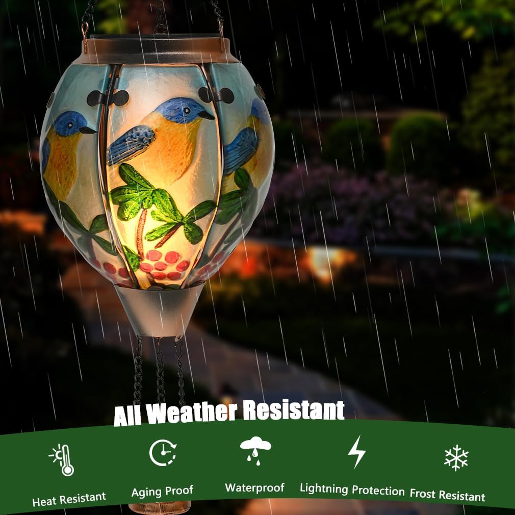 Hot Air Balloon Solar Lantern - Bluebird Glass Lantern, Simulated Flickering & Dancing Flame, Outdoor Hanging Yard Light Waterproof IP65 for Patio Lawn Porch Decor Gift