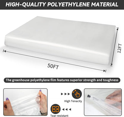12x50 Ft Clear Greenhouse Film Plastic Sheeting, Greenhouse Polyethylene Plastic Film 6 mil Thickness Replacement Cover, UV Resistant, Plant Covers Freeze Protection for Windproof Frost& Dust Proof