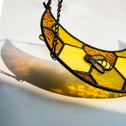 Bee Stained Glass Suncatcher for Window,Honeycomb Stained Glass Window Hanging Moon Decor,Bee Gifts for Women,Bee Lovers,Housewarming Gift,Honeybee Decor for Birthday Party