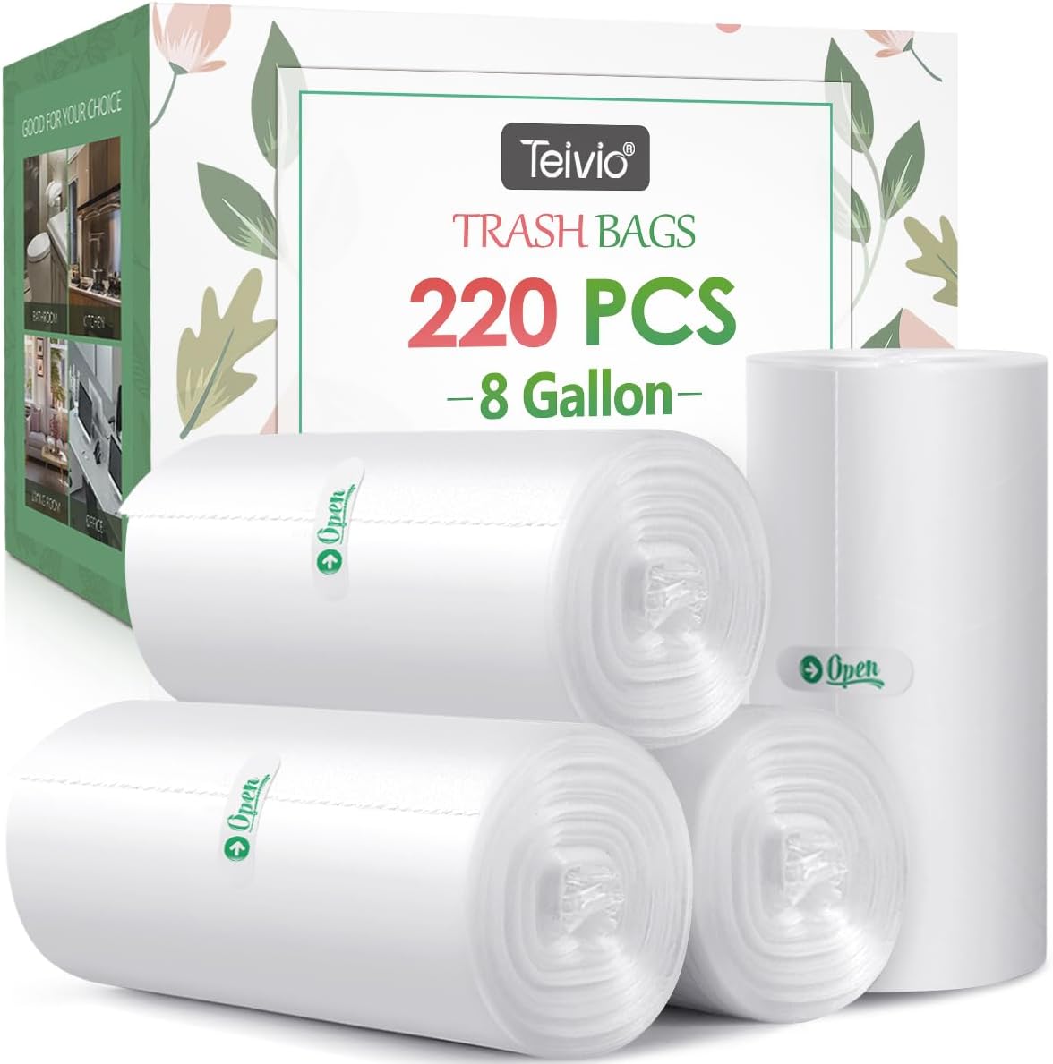 Teivio 8 Gallon 220 Counts Strong Medium Trash Bags Garbage Bags, Bathroom Trash Can Bin Liners, Plastic Bags for home office kitchen, Clear
