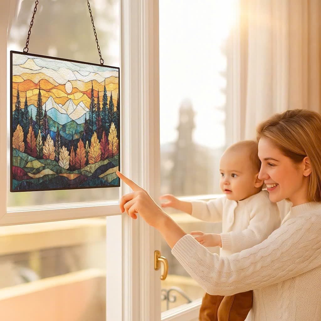 Rectangle Boho Mountain Trees Stained Glass Sun Catcher, Wall Hanging Colored Decor Room Outdoor Window Decor, Halloween, Christmas Hanging Ornament Mother Day