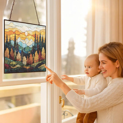 Rectangle Boho Mountain Trees Stained Glass Sun Catcher, Wall Hanging Colored Decor Room Outdoor Window Decor, Halloween, Christmas Hanging Ornament Mother Day