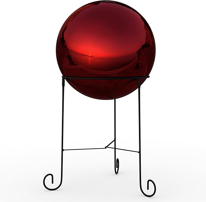 Lulu Decor, Red Stainless Steel Gazing Mirror Ball Size 12 with Stand