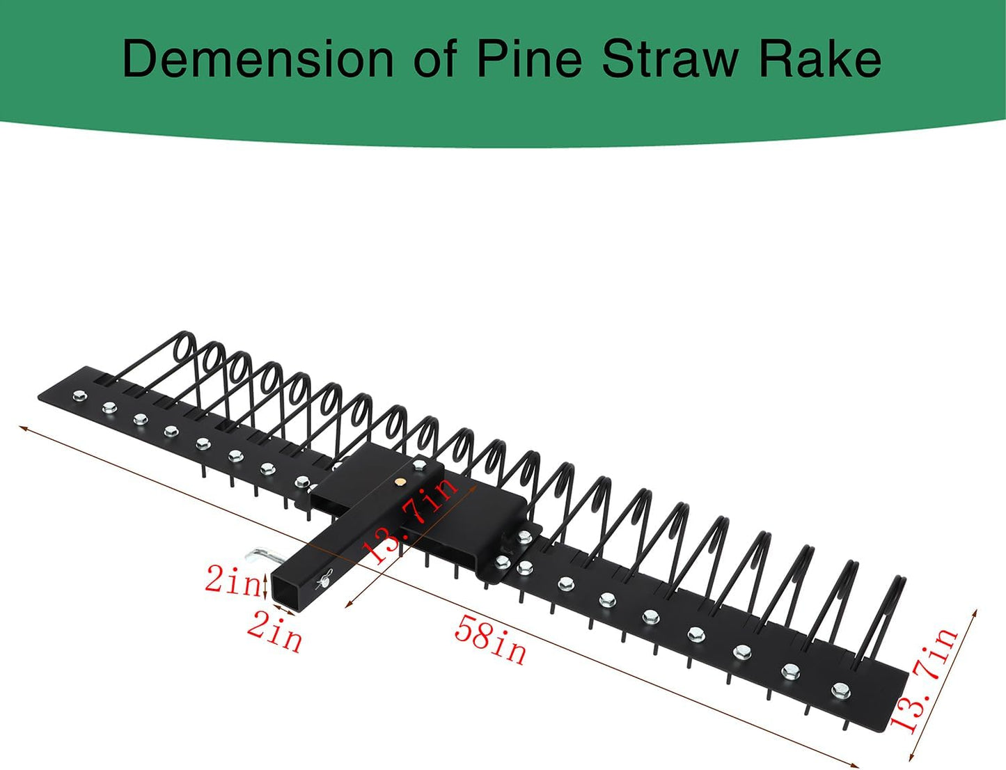 5FT Durable Pine Straw Rake Steel Spring Landscape Rake Fits 2" Receiver for Lawn Tractors or ATV/UTV，Black