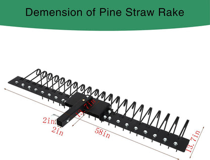5FT Durable Pine Straw Rake Steel Spring Landscape Rake Fits 2" Receiver for Lawn Tractors or ATV/UTV，Black
