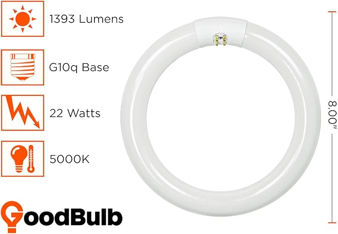 GoodBulb 22-Watt 8 Inch T9 Fluorescent Circline Light Bulb 5000K Daylight White Color G10q Base 1393 Lumens 10000 Life Hours 80 CRI Pack of 12 Bulbs