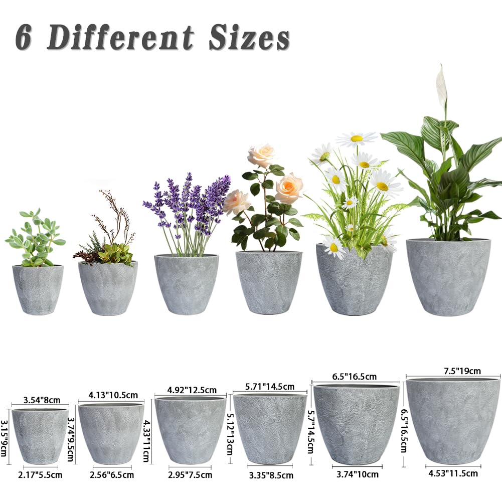 Plant Pots Indoor 7.5/6.5/6/5/4/3.5 Inch Set of 6 Plastic Planters for Indoor Plants with Drainage