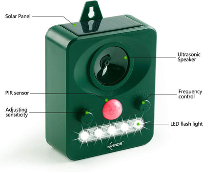 Ultrasonic Animal Deterrent with Flashing Strobe Light, Solar Powered Outdoor Repeller for Raccoons, Cats, Deer, Squirrels, Motion-Activated, Humanely Protects Garden & Lawn.