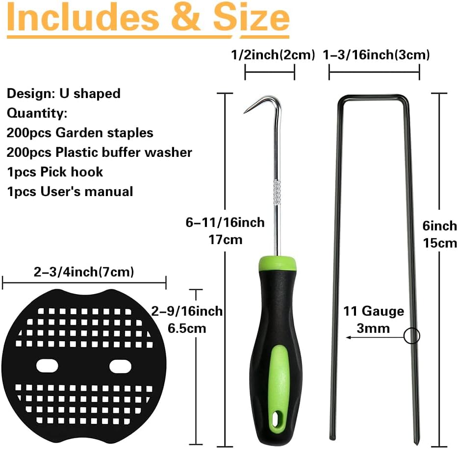 Bakulyor 200pcs Black Landscape Staples + 200pcs Buffer Washer, 6 Inch 11 Gauge Garden Stakes Staples, U Shaped Galvanized Lawn Pins Heavy Duty Yard Ground Pin for Weed Barrier Sod Fabric Decorations
