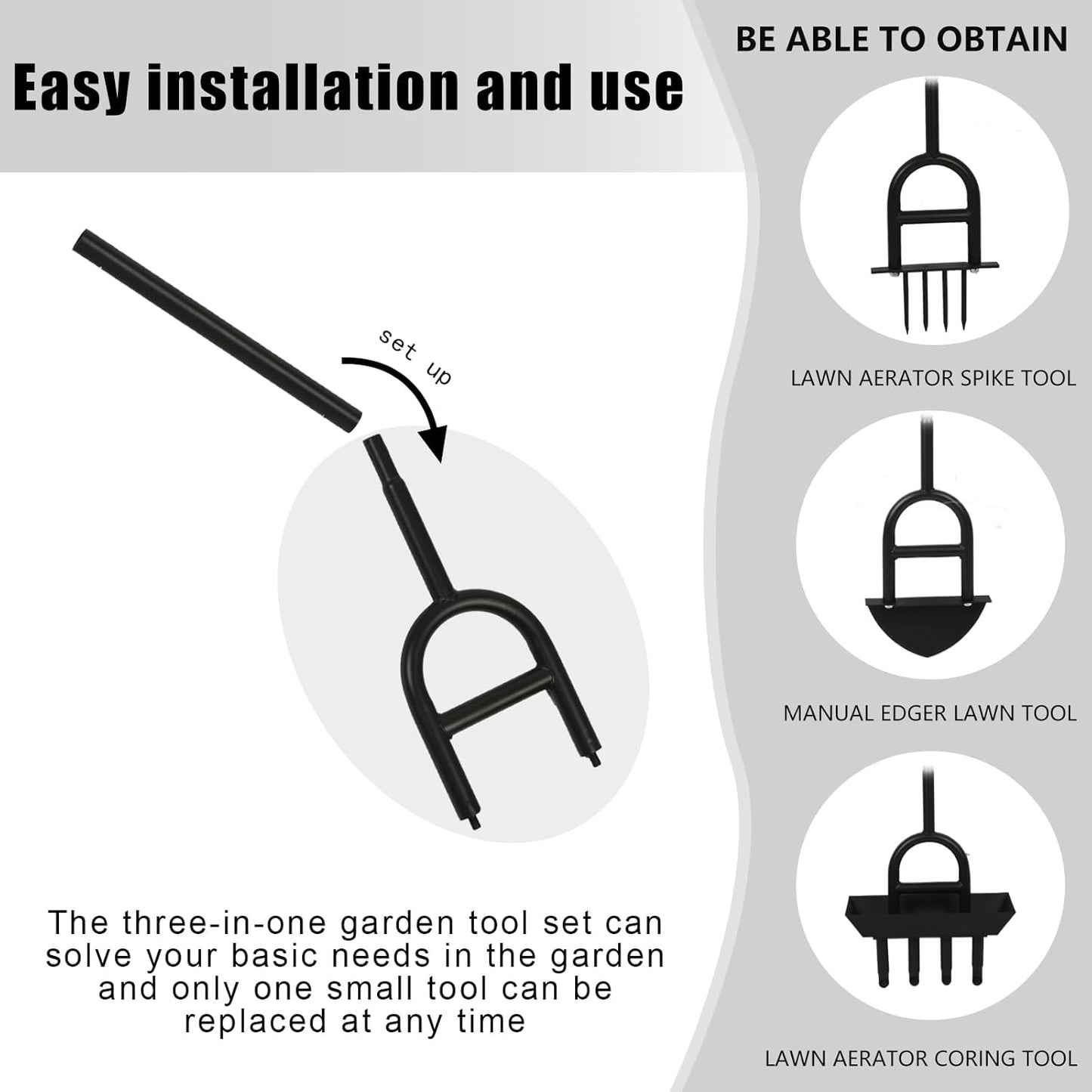 Lawn Aerator Garden Tool with Soil Core Tray, 3 in 1 Manual Grass Plug Air Aerator with Spike Tool and Half Moon Edging Tool, Coring Aeration for Lawn Yard Care