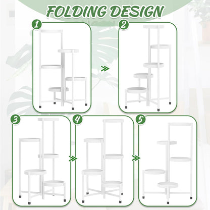 iDavosic.ly Plant Stand Indoor Outdoor, 5 Tier Corner Metal Flower Display Holder Shelf, Folding Tall Orchid Rack for Patio Balcony Porch Garden Living Room House, White