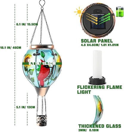 Hot Air Balloon Solar Lantern - Cardinal Bird Glass Lantern, Simulated Flickering & Dancing Flame, Outdoor Hanging Yard Light Waterproof IP65 for Patio Lawn Porch Decor Gift