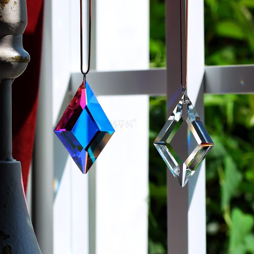 2PCS Simple Geometry Crystal Sun Catcher Prisms, STINO Hanging Suncatchers with Glass Prism, Rainbow Maker for Windows, Balcony, Kitchen, Garden Decoration (1, Rhombus ABColor 2Pcs)